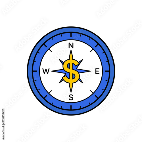 Business compass with a dollar sign needle. Strategic direction graphic icon element.