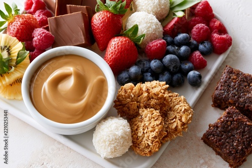 Overhead vegan dessert platter with berries, granola clusters, coconut truffles and creamy caramel dip for party serving and background