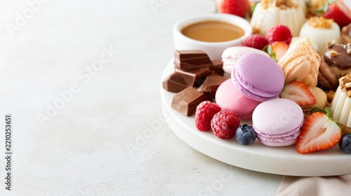 Elegant dessert platter with pink macarons raspberries chocolate pieces and caramel sauce on the right for wide banner background and menu design