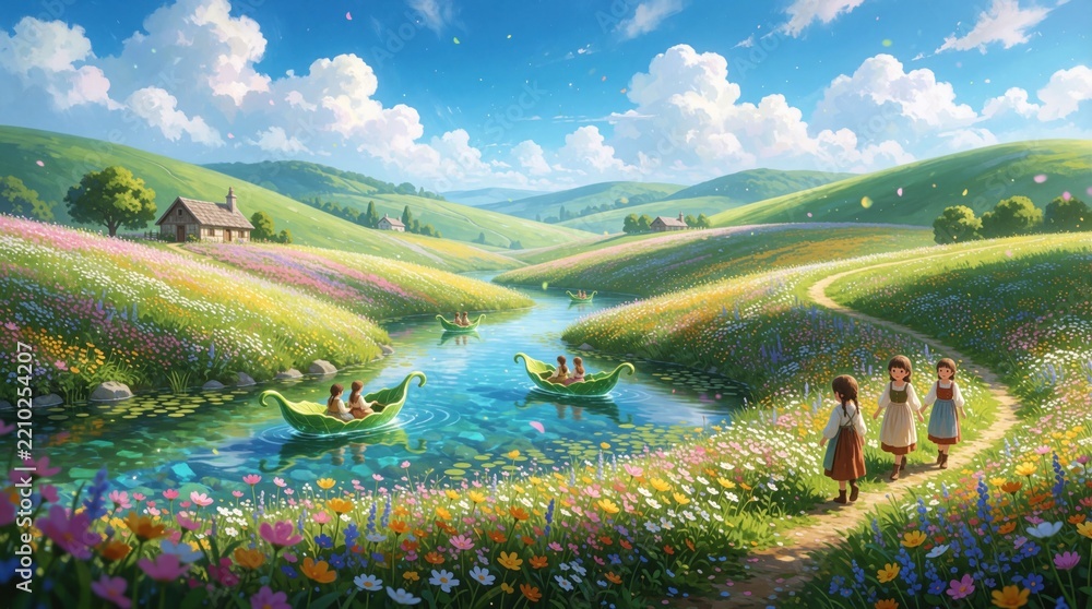 Obraz premium Magical countryside landscape with green hills, colorful flower fields. People row small leaf boats on blue river under sunny sky. Three girls walk along dirt path near bright water. Whimsical