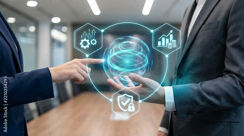Obraz premium Business team working together analyzing complex data with a modern digital interface and visualization technology