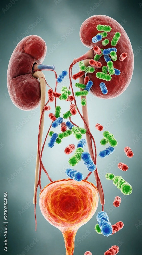 Fototapeta premium Microscopic view of bacteria invading human kidneys, bladder. Colorful germs spread through urinary tract causing infection, disease. Medical 3d illustration shows urology health problem, anatomy of