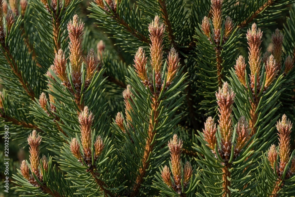 Obraz premium Close up of green pine branches with young spring shoots. New coniferous growth emerges from evergreen conifer needles in forest. Fresh spruce needles, branch tips grow in nature during spring