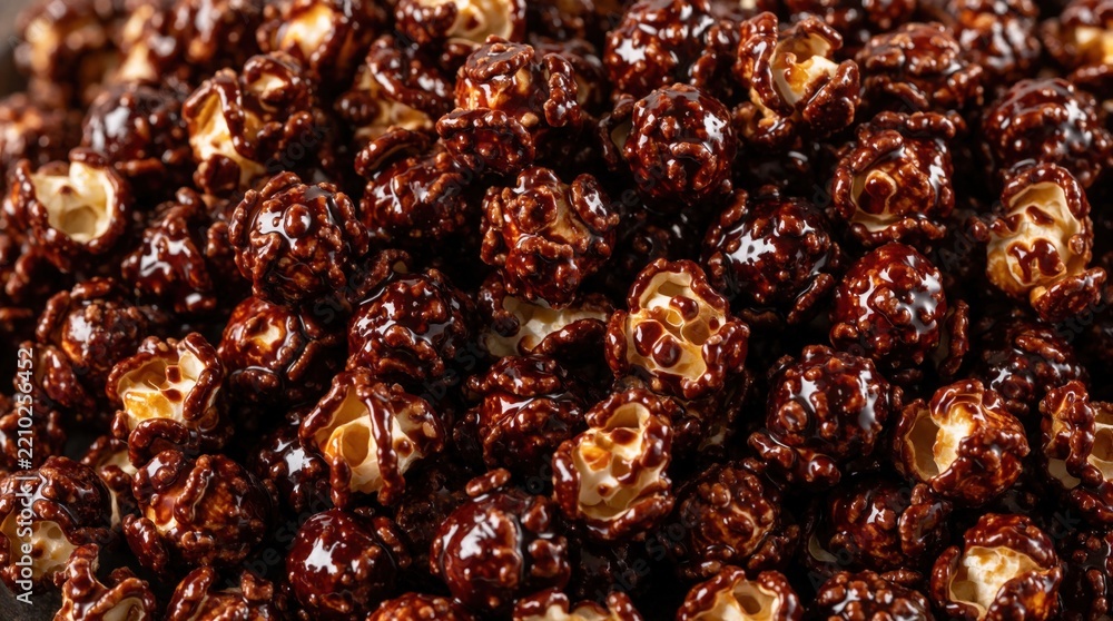 Obraz premium Delicious chocolate popcorn pile with dark cocoa coating. Sweet tasty snack for party, movie night dessert lovers. Crunchy corn kernels covered in rich liquid chocolate, perfect treat for group