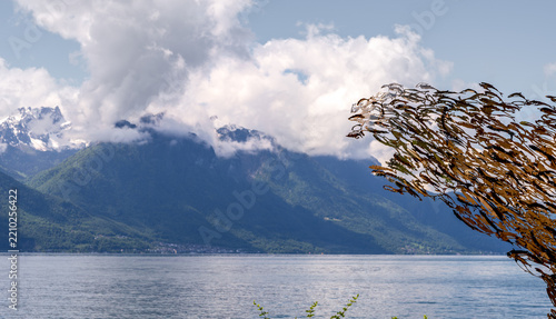 Artistic metal sculpture overlooking Lake Geneva and the Alps in Montreux, Switzerland