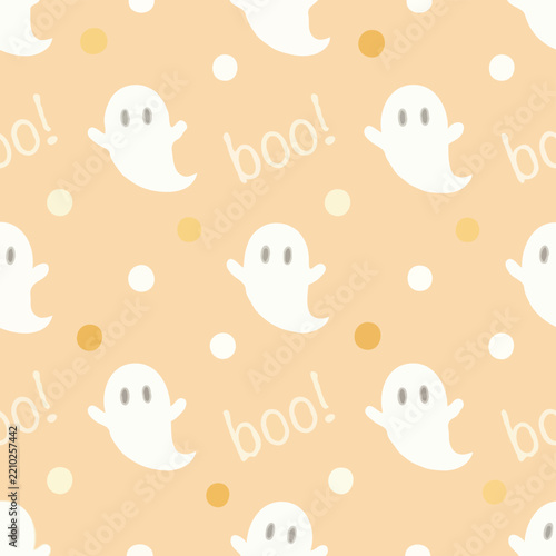 Cute Pastel Halloween Seamless Pattern with Friendly Ghosts and Polka Dots   