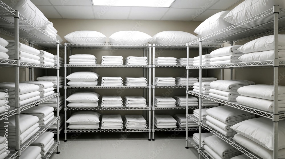 Fototapeta premium Clean hospital linen room with neatly folded white sheets, pillows on metal shelves. Organized medical storage stock of fresh cotton bedding, textile supplies. Sterile healthcare facility interior