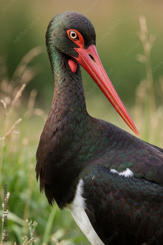 Obraz premium Close up portrait of black stork with red beak, eye. Wild bird stands in green meadow grass. Elegant plumage, detailed feathers show natural beauty of ciconia nigra in wild habitat during summer.