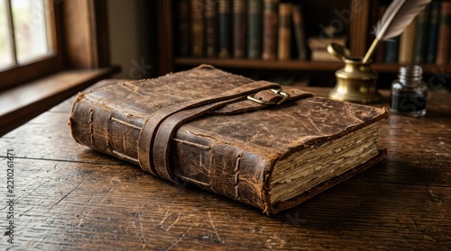 Antique leather bound book with quill and ink