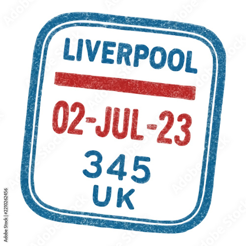 Liverpool city ink rubber stamp design with date and code in blue and red colors