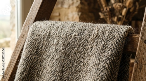 Textured blanket on wooden ladder