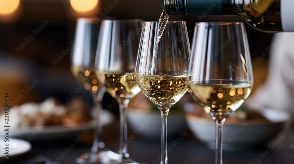 Obraz premium White wine being poured from a bottle into one of four glasses on a dining table