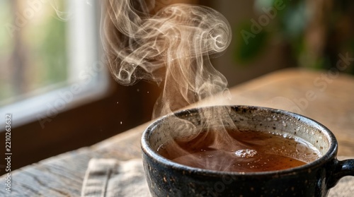 Hot beverage steaming beside window
