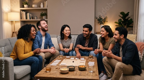 Friends laughing around board game in living room