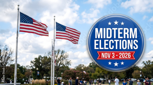 Midterm Elections 2026 button with American flags in the background