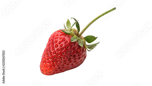 Single fresh ripe red strawberry berry fruit with green stem isolated on transparent background