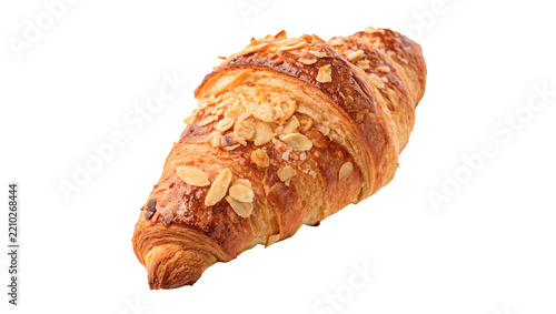 Delicious freshly baked golden flaky french croissant confectionery pastry isolated on transparent background