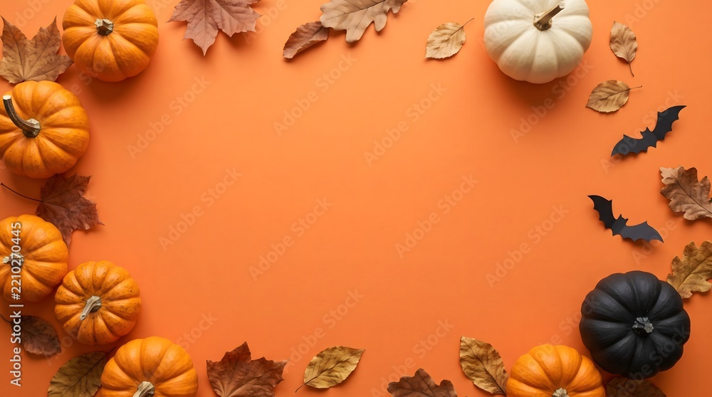 Obraz premium Festive Halloween Border with Colorful Pumpkins and Dried Leaves on Orange Background