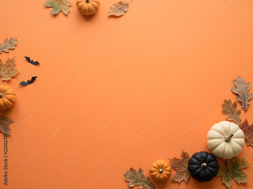 Fototapeta premium Autumn Harvest Composition with Pumpkins and Fallen Leaves on Orange Background