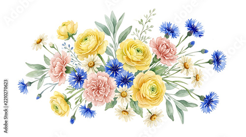 Watercolor floral bouquet featuring vibrant yellow ranunculus, soft pink carnations, blue cornflowers, and white daisies with green foliage isolated on a white background, for spring