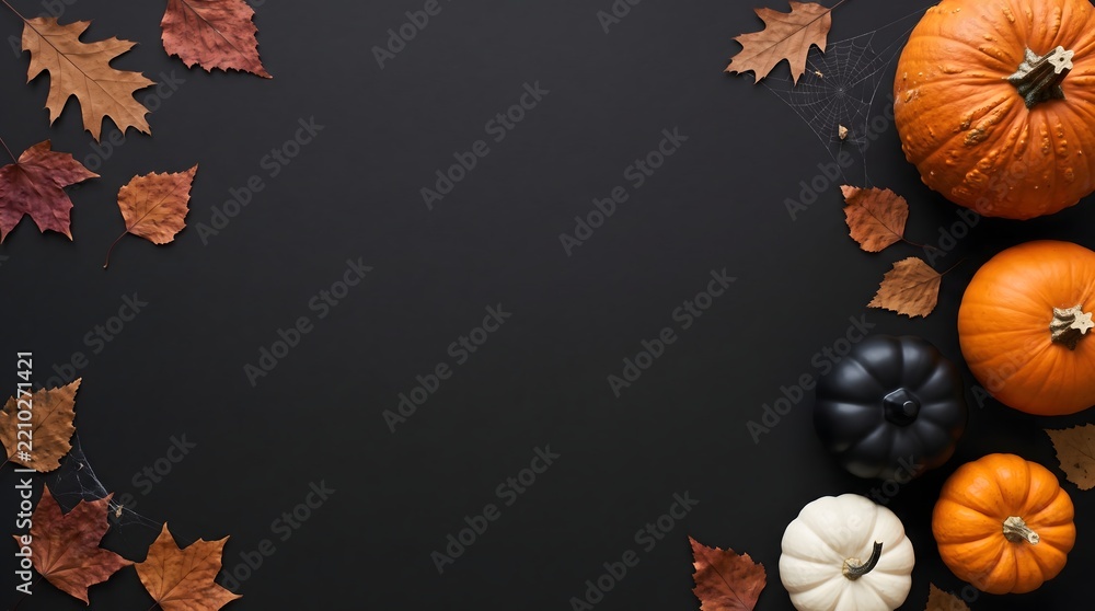 Fototapeta premium Autumn Flat Lay Composition with Colorful Pumpkins and Dried Leaves Background