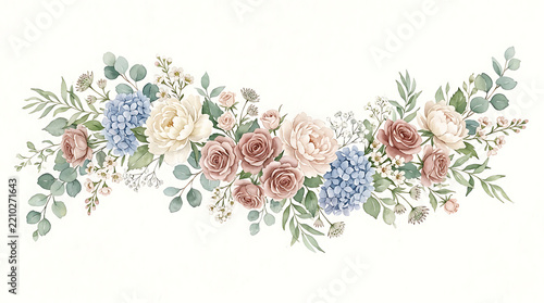 Watercolor floral garland featuring pink roses, blue hydrangeas, white peonies, and green eucalyptus leaves, arranged as a horizontal decorative border isolated on a white background, for events