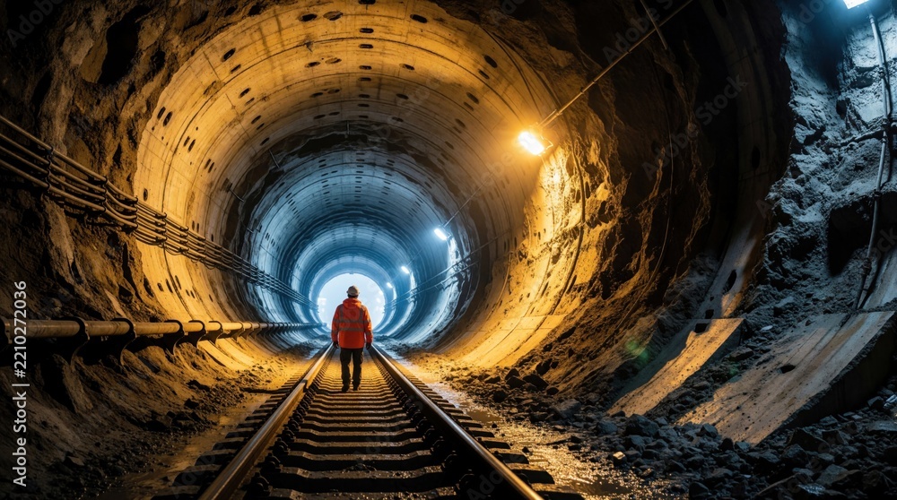 Fototapeta premium Worker in orange safety jacket walks along train tracks inside dark underground tunnel. Dim lights illuminate railway path, concrete walls. Industrial subway infrastructure shows perspective of deep
