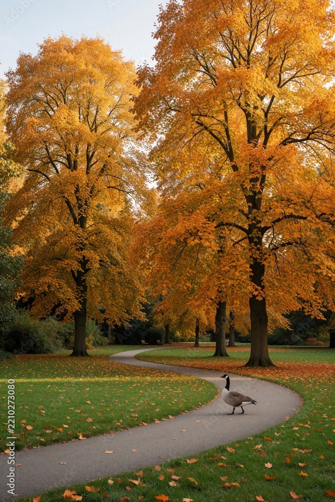 Obraz premium Single goose walks on curved path in autumn park. Tall maple trees with yellow orange foliage surround walking trail. Golden leaves cover green grass during fall season. Peaceful nature landscape