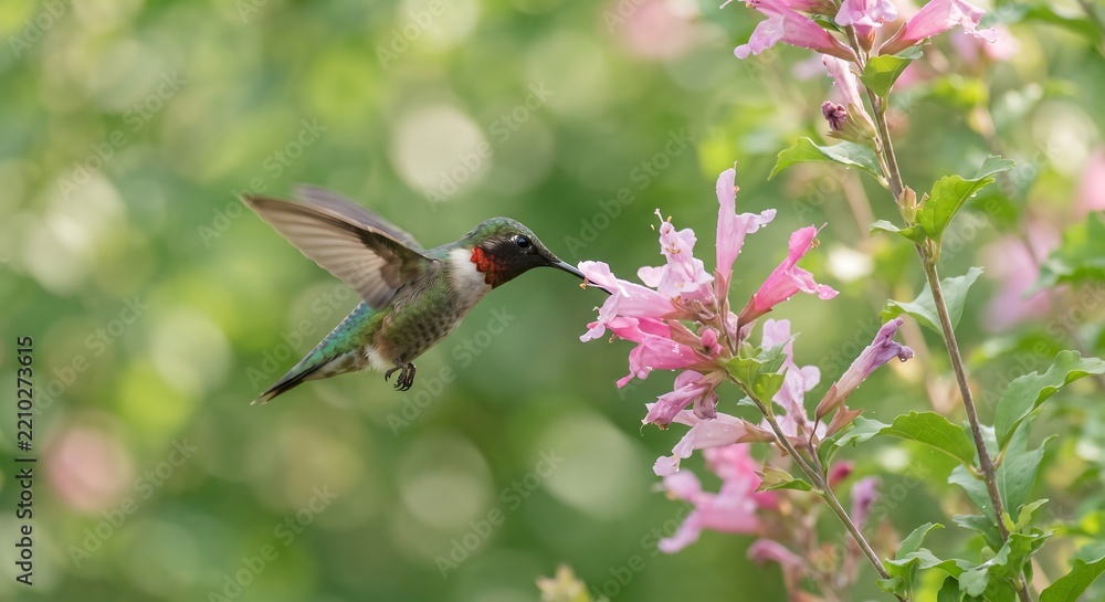 Obraz premium A ruby throated hummingbird hovering in mid air while feeding on nectar from beautiful pink flowers in nature