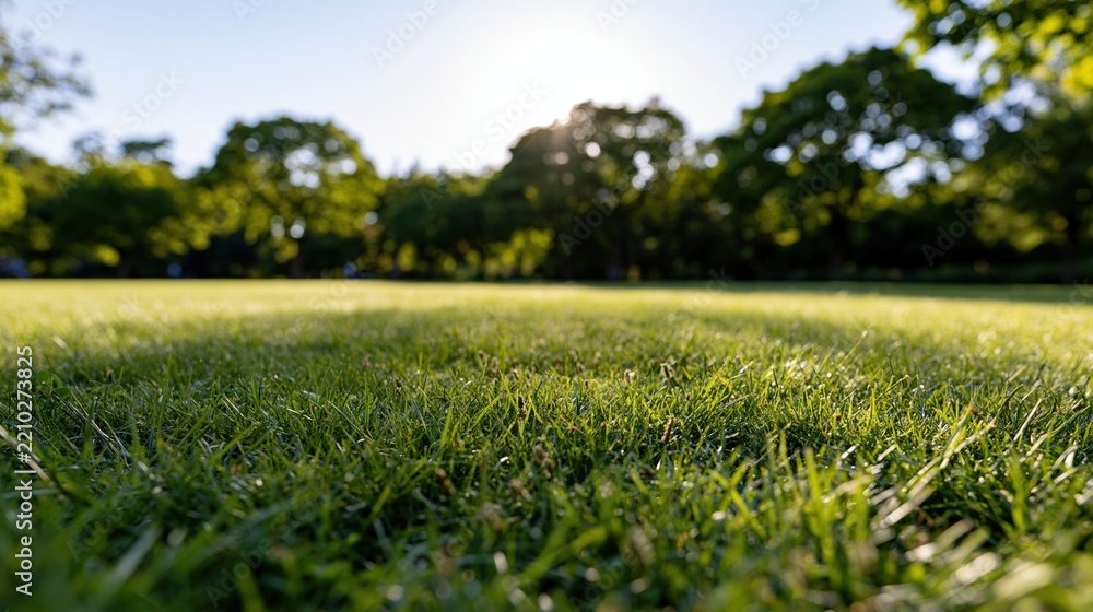 Obraz premium Low wide-angle view across a neatly trimmed green lawn in a park with trees and sunlight in the background