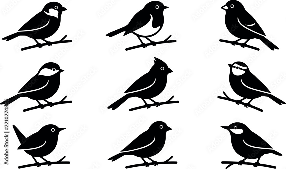 Fototapeta premium Backyard songbirds and garden birds silhouette icons set perching on tree branch branches vector graphic illustration