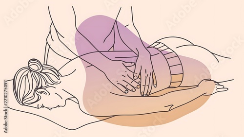 Lower back massage and lumbar spine treatment. Chiropractic care and pain relief therapy. Physical therapist massaging lower back of a woman lying on a table