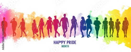 Pride month banner with silhouettes of diverse people, rainbow colors and the text 