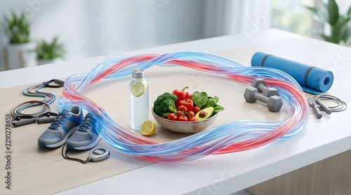 Health-conscious professional preparing balanced meal and workout gear on clean workspace