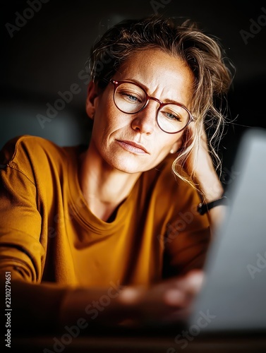 A woman, wearing glasses, appears tired and frustrated while looking at a computer screen, possibly experiencing strain or facing a challenging task