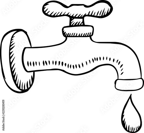 Hand Drawn Water Faucet Sketch with Dripping Droplet