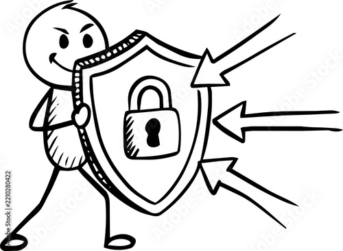 Stick Figure Holding Shield and Padlock Defending Against Arrows