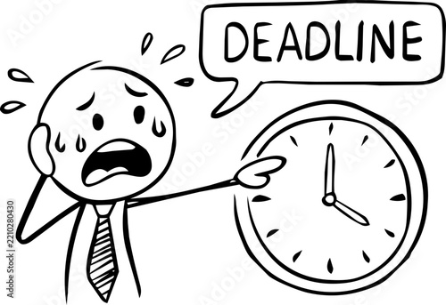 Stressed Businessman Pointing at Clock with Deadline Speech Bubble