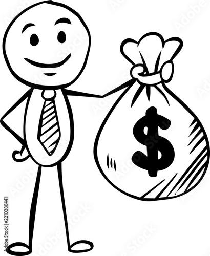 Stick Figure Businessman Holding Big Money Bag with Dollar Sign