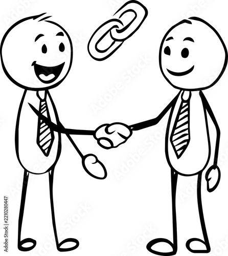 Cartoon Businessmen Handshake with Link Symbol for Networking