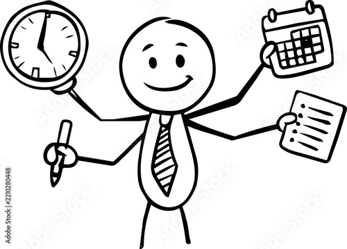 Stick Figure Businessman Multitasking with Clock and Calendar
