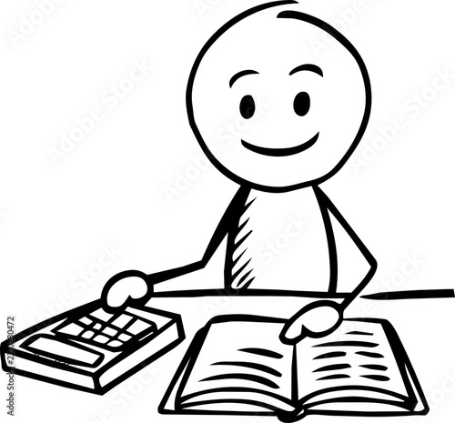 Stick Figure Illustration of Person Studying with Calculator and Book