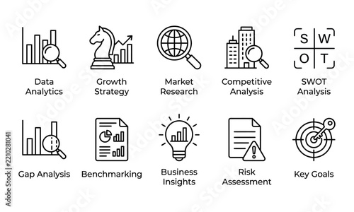 Market research and data analytics line icon set vector for competitive business strategy, SWOT gap analysis, risk assessment, company benchmarking, growth insights, key target goals UI presentation.