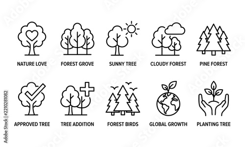 Nature forest and environmental conservation line icon set vector for eco friendly sustainability campaigns, global green growth presentation, tree planting project, and climate protection app.