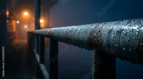 Wet metal railing with raindrops and blurred orange lights at night