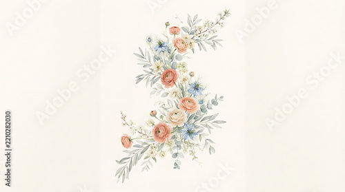 Watercolor floral arrangement featuring soft peach ranunculus, blue cornflowers, and green eucalyptus leaves, designed in a vertical cascading spray shape, isolated on a plain white background