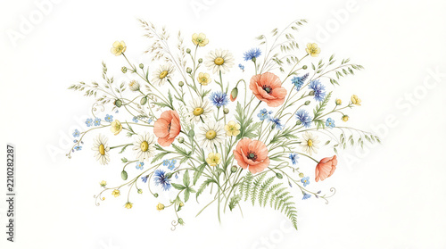 Watercolor bouquet of mixed wildflowers featuring red poppies, white daisies, blue cornflowers, and green ferns isolated on a white background, for spring and, summer themed projects