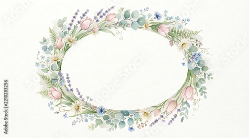 Oval floral wreath frame decorated with pink tulips, lavender sprigs, daisies, and eucalyptus foliage in a watercolor style isolated on a white background, for wedding invitations, and event decor