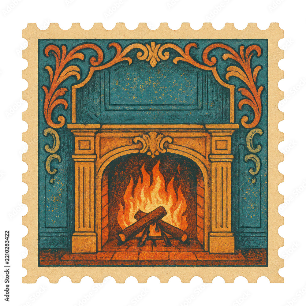 Obraz premium PNG Vintage fireplace stamp illustration