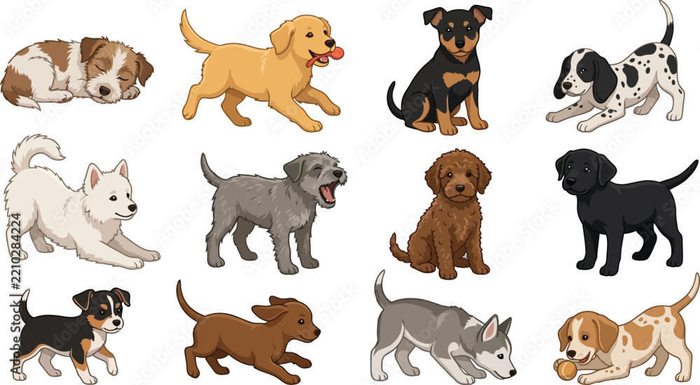 Obraz premium Diverse puppy collection with various breeds in playful poses and actions on a white background vector illustration
